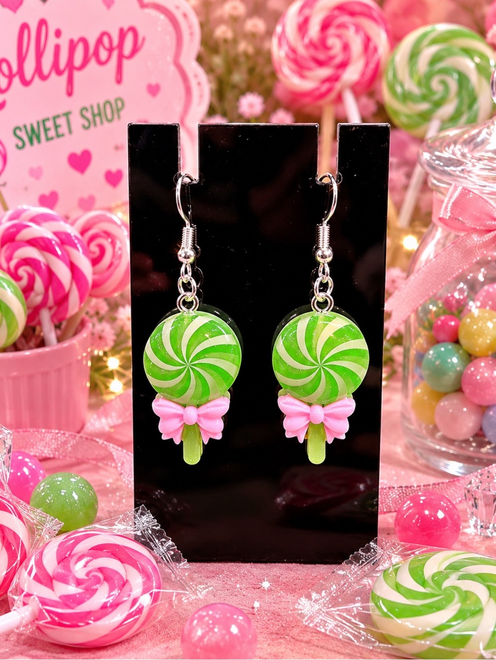 Green Swirl Lollipop Dangle Earrings with Pink Bows